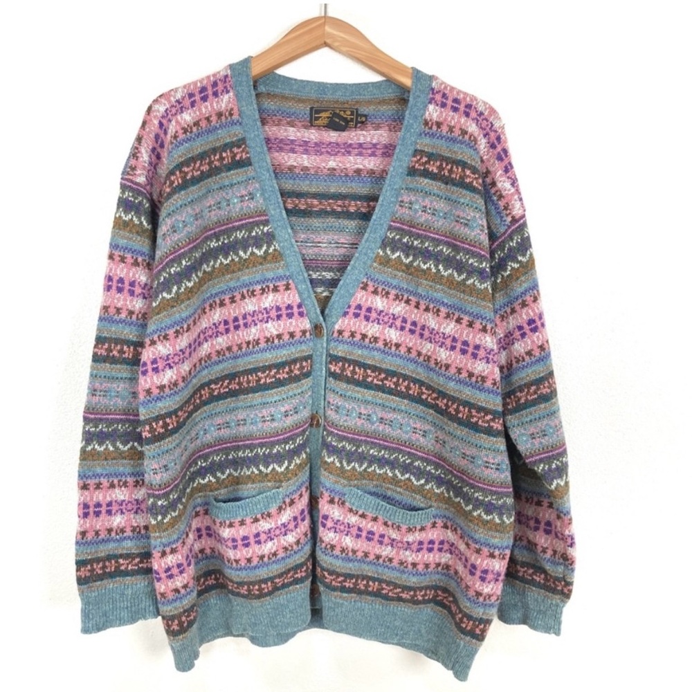 Eddie Bauer Striped Wool V-Neck Cardigan Sweater Women’s Sz Large